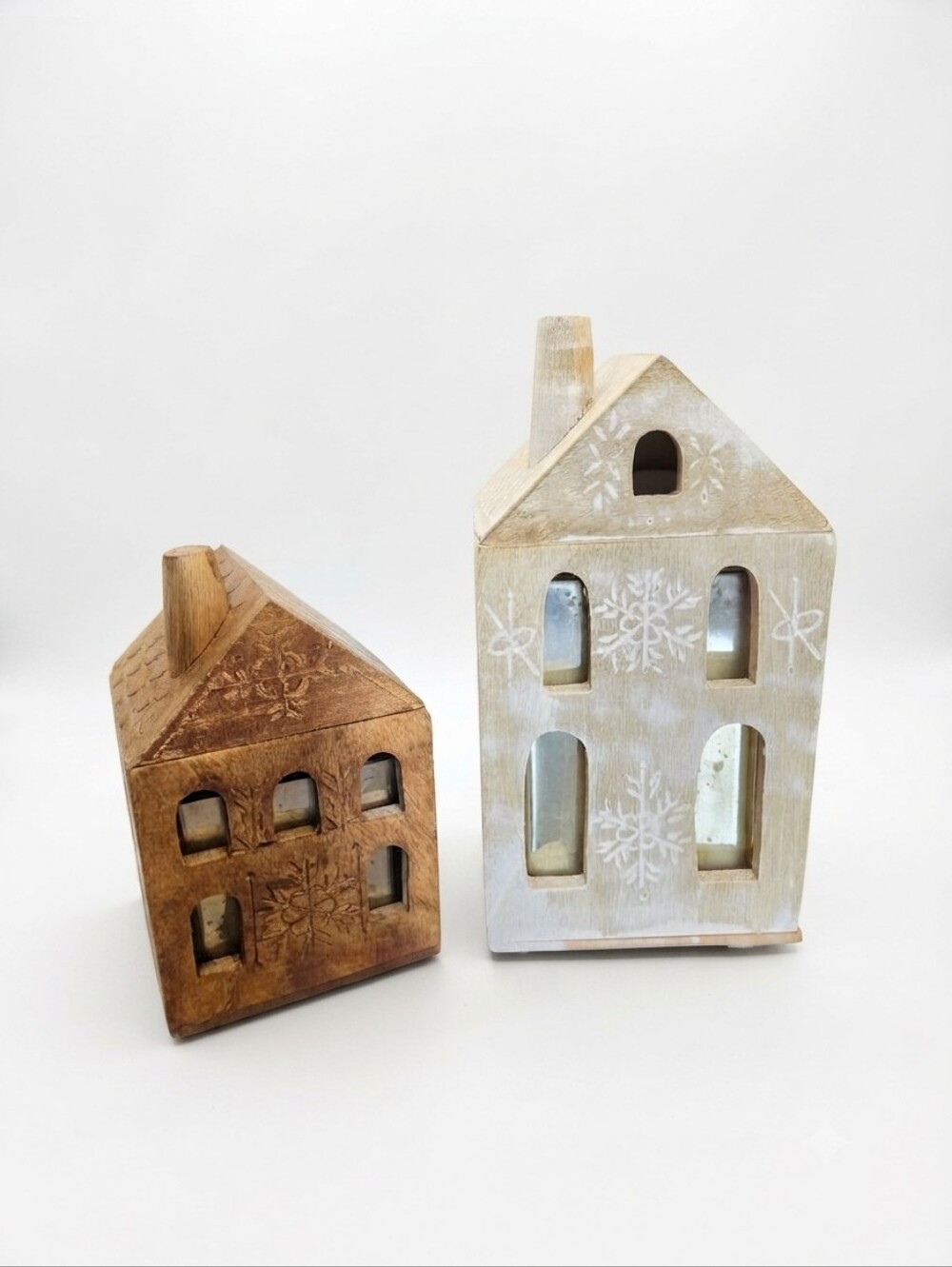 Anthropologie Wooden House Holiday Candles Set Large White Snowflake & Small Car